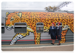 An image of the Far Eastern leopard on a Rossiya train carriage