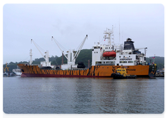 Tigerfleet – Simfoniya refrigerated cargo ship of the Dobroflot group of companies, 103 metres long and 17 metres wide, painted with an image of a rare predator