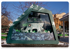 An interactive booth where visitors can touch the snow leopard’s fur
